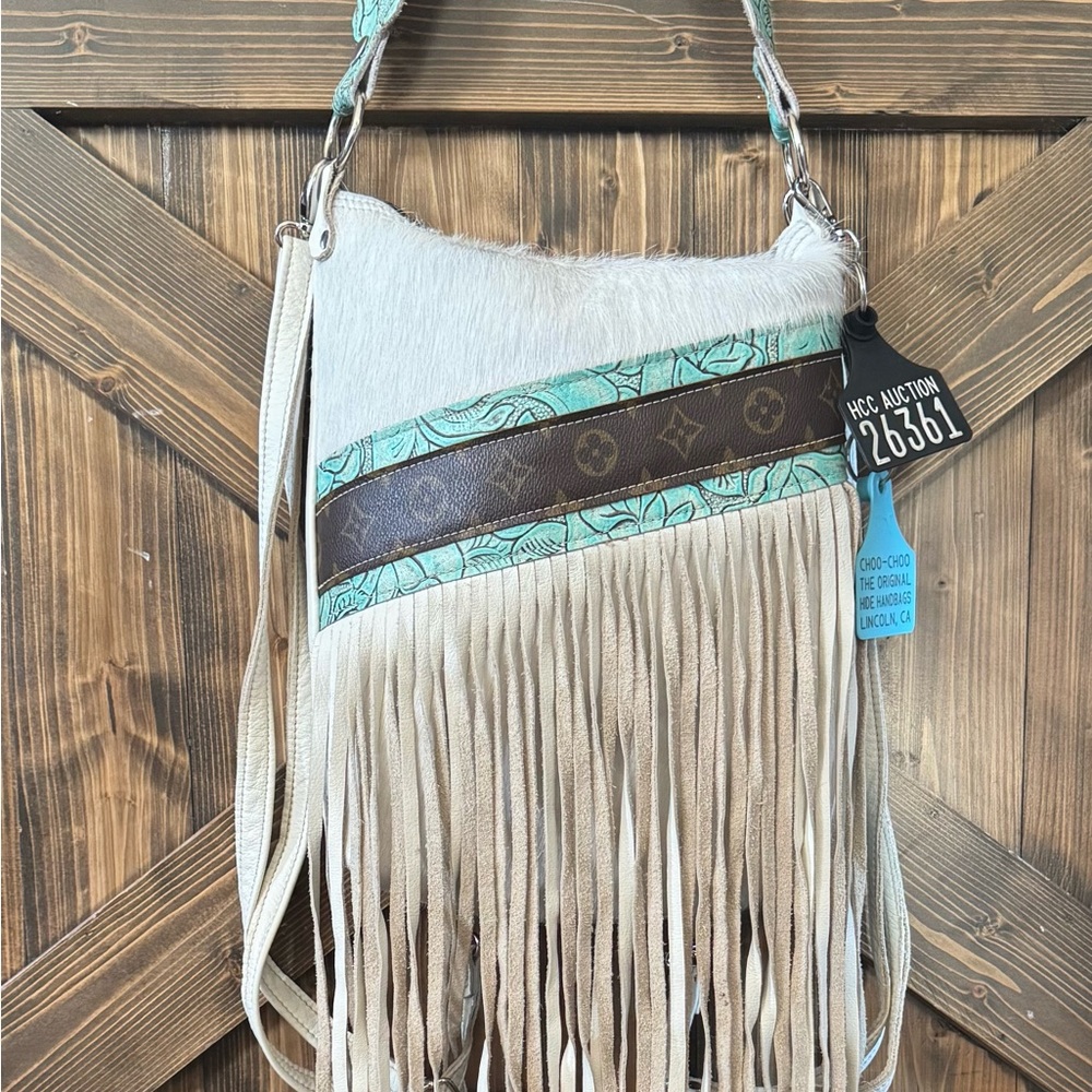 Holy Cow Couture Fringe Shoulder Bag Designer LV Specialty turquoise and brown - Picture 1 of 4